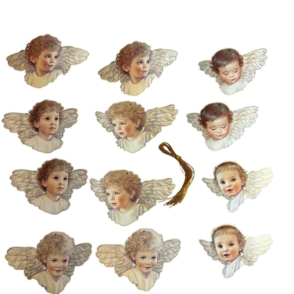 Vintage 1983 B Shackman Kathy Lawrence 12 Angel Gift Tags Cards with Gold Tassel